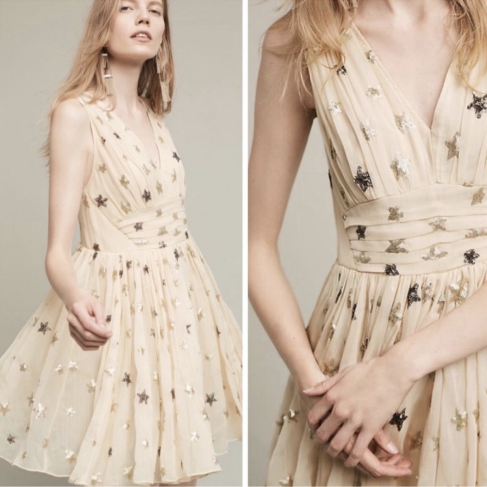 Anthropologie Ranna Gill Sequin Star Beige Sleeveless Mini Party Dress Size 0P